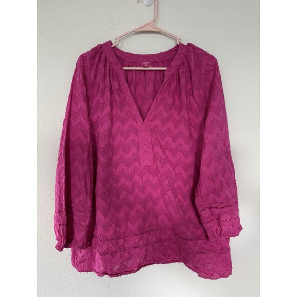 Trina Turk Pink Boho Blouse Textured Chevron Eyelet Beachy Coverup Top Resort L - Picture 1 of 7